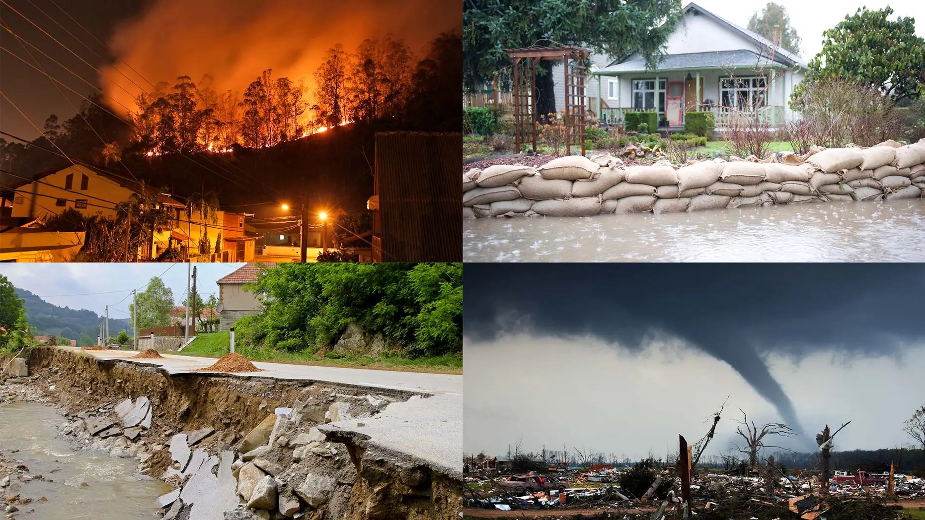 Fire, flood, earthquake and tornado